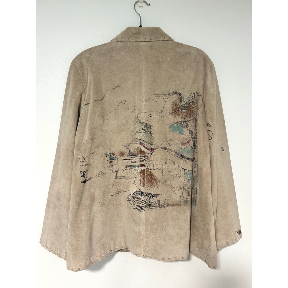 Chicos Western Cowgirl Desert Painted Suede Leather Jacket Tan Whipstitch 3 XL